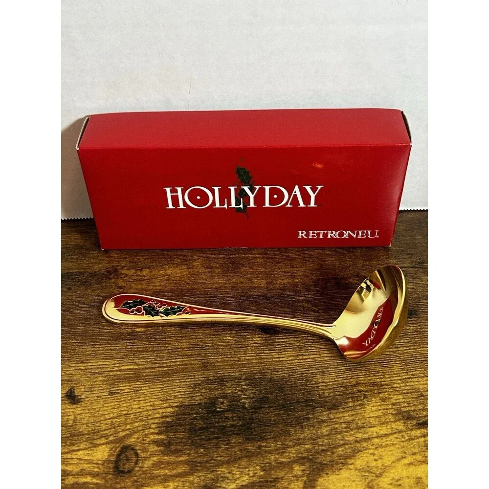 Retroneu Hollyday Gold Plated Holly Berry Christmas Gravy Ladle w/ Box Holiday